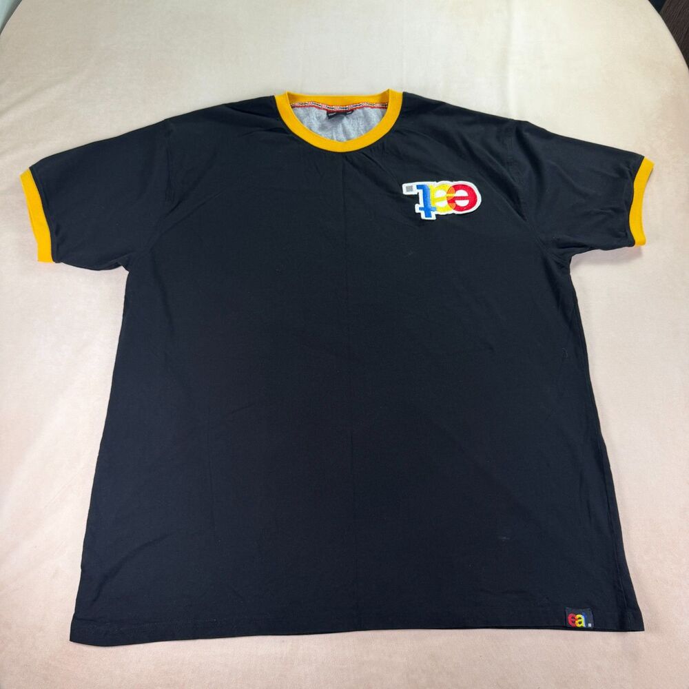 eat. Embroidered Logo Ringer Tee XXL Black Yellow Y2K Streetwear Cotton Shirt